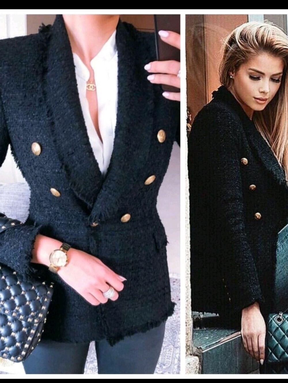 ZARA Black Frayed Edge Gold Button Mid-Length Tweed Blazer Women Size Large - Picture 5 of 6